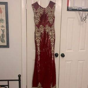 Red and gold sequined gown